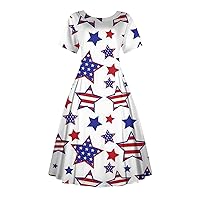 Womens 4th of July American Flag Midi Dress Casual Vintage Printed Round Short Sleeve Waisted Big Swing Dresses
