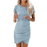 Womens 2024 Summer Dress Solid Round Neck Short Sleeve T Shirt Dress Casual Soft Comfortable Silm Fit Dress