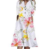 Spring Dresses for Women 2024 Plus Size 3XL, Summer Casual for Women Button Up Short Sleeve Floral Print Dress