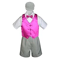 5pc Baby Toddler Boy Fuchsia Pink Vest Bow Silver Shorts Suit Cap S-4T (XL:(18-24 months))