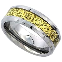 Tungsten Carbide 8 mm Flat Wedding Band Ring Inlaid Celtic Dragon Pattern Beveled Edges sizes 7 to 14