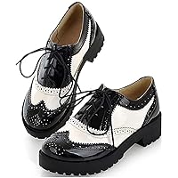 Women's Uniform Office Low Heels Oxfords Flats Lace Up Round Toe Anti-Slip Two Tone Wingtip Perforated Dress Oxford