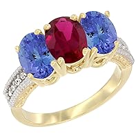 Silver City Jewelry 14K Yellow Gold Diamond Enhanced Ruby & Natural Tanzanite Ring 3-Stone 7x5 mm Oval, Sizes 5-10