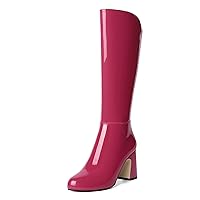 Womens Round Toe Cute Patent Zip Dating Block High Heel Mid Calf Boots 3.3 Inch