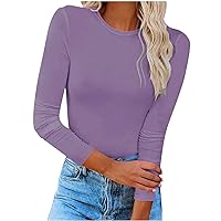 Womens Tops Fall Fashion Long Sleeve Stretch Slim Fitted Round Neck Pullover T-Shirt Solid Color Basic Blouse Tunic