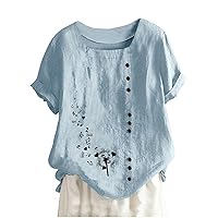 Women's Embroidered Blouse Cotton Linen Short Sleeve Square Neck Peasant Boho Top Casual Loose Button-Down T Shirts