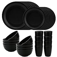 Brittany 32pcs Black Straw Dinnerware Set, Plastic Reusable Plates, Wheat Straw Plates and Bowls Set, Dish Set for 8, Microwave Safe