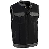 Milwaukee Leather MDM3010 Men's Black Denim Club Style Biker Vest with Leather Trim and Hidden Zipper