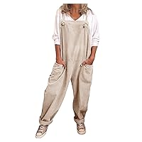 Women's Cotton Linen Jumpsuit Summer Sleevelsss Adjustable Strap Long Rompers Wide Leg Baggy Overalls with Pockets