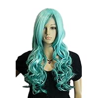 Smoke Blue Wavy Curly Long Ramp Bangs Cosplay Party Full Synthetic Wig
