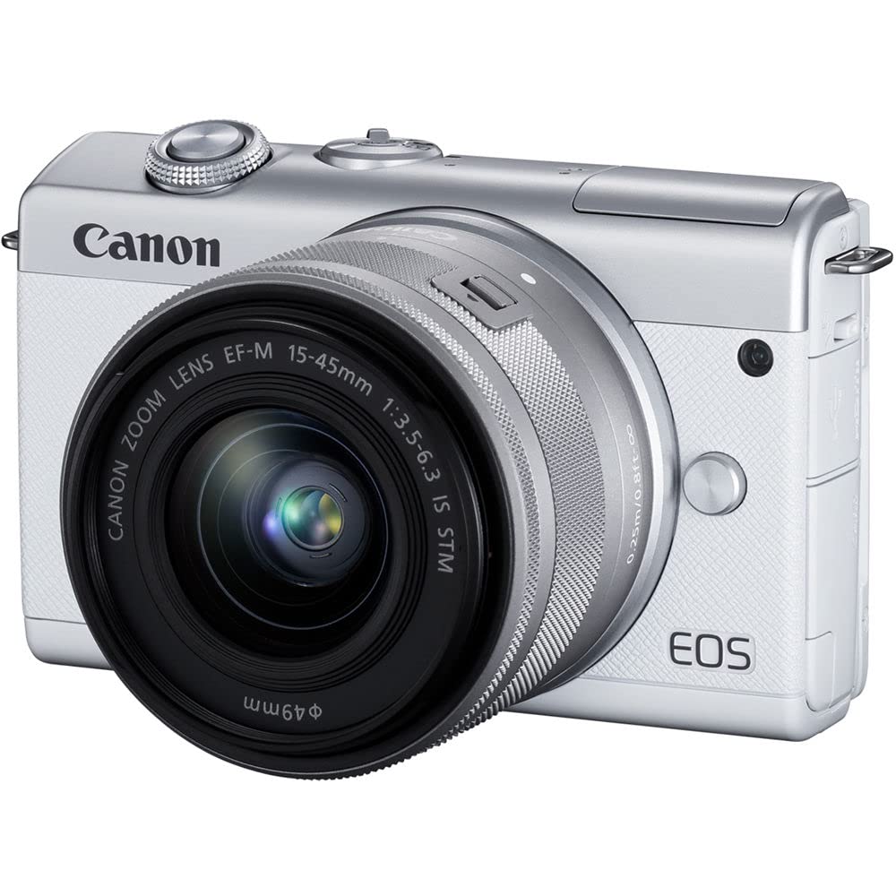 Canon EOS M200 Mirrorless Digital Camera with 15-45mm Lens (White) (3700C009) + Canon EF-M Lens Adapter + 4K Monitor + Canon EF 50mm Lens + 2 x 64GB Card + Case + More (Renewed)