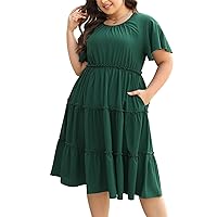 Nemidor Womens Casual Plus Size Short Sleeve Layered Swing Summer Midi Dress with Pocket NEM527