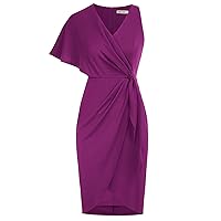 GRACE KARIN Summer Formal Midi Dresses for Women Wrap V-Neck Asymmetrical Sleeve Rouched Bodycon Cocktail Dress Tie Front