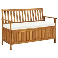 vidaXL Solid Acacia Wood Outdoor Storage Bench with Backrest, Armrests, and Cushion - 47.2