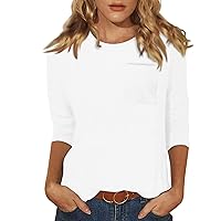 3/4 Sleeve Tops For Women Loose Fit Crewneck T Shirts Cute Solid Three Quarter Length Tunic Tops with Pocket XX-Large 01-White