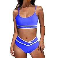 Women's High Waisted Bikini Sets Sporty Color Block 2 Piece Swimsuit High Cut Adjustable Straps Scoop Neck Bathing Suit