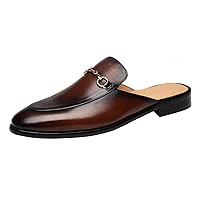 ELANROMAN Men's Loafers Backless Genuine Leather Mules Horse Buckle Shoes