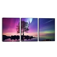 QIXIANG Northern Lights Canvas Wall Art Large 3 Pieces Tree Paintings Prints Aurora Borealis Landscape Pictures Bedroom Wall Decor Frame（Northern Lights 3，11.00