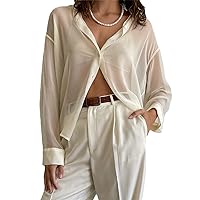 Women’s Sheer Button Up Shirt Y2K Long Sleeve Lapel V Neck Mesh Top Vintage See Through Basic Blouse Streetwear