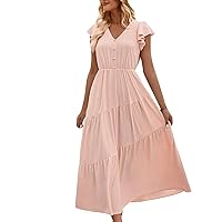 Party Dress for Women Summer Maxi Dresses Casual V Neck Short Sleeve A-line Empire Waist Long Flowy Beach Dress