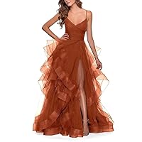 Glittery Tulle Ball Gowns with Slit V-Neck Prom Dresses Spaghetti Straps Elegant Formal Evening Dresses for Women