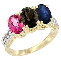 10K Yellow Gold Natural Pink Topaz, Smoky Topaz & Blue Sapphire Ring 3-Stone Oval 7x5 mm Diamond Accent, Sizes 5-10