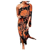 Summer Dresses For Women 2024 Trendy Vacation Floral Printed Boho Dress Sleeveless One Shoulder Flowy Sundress Beach Long Maxi Dress Casual Sexy Tea Party Dresses Cruise Outfits(E Orange,XX-Large)