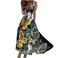 Vacation Dresses for Women Deep V Neck Elegant Swing Long Dress Casual Sleeveless Sexy Dresses Floral Cute Maxi Dress