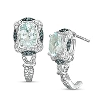 Oval Cut Blue Topaz & Black & Clear D/VVS1 Diamond Accent Bead Frame Art Deco J-Hoop Earrings In 925 Sterling Silver