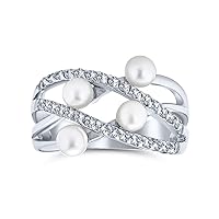 Bling Jewelry Stacking Style Fashion Statement Cocktail Crossover X Criss Cross White Simulated Pearl Wide Band Ring For Women .925 Sterling Silver