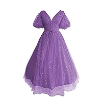 Vintage Puffy Sleeve Prom Dresses Tea Length Tulle Formal Cocktail Party Dress for Women R016