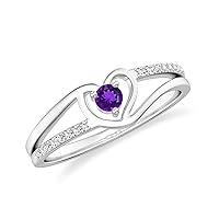 Natural 3mm Amethyst Promise Ring Heart Shaped for Women Girls in Sterling Silver / 14K Solid Gold