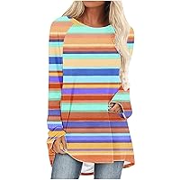 Women Long Sleeve Tunic Tops for Leggings Trendy Striped Printed Crewneck Casual Dressy Blouse Flowy T-Shirt
