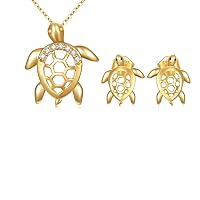 SISGEM 14k Gold Diamond Turtle Necklace and Stud Earrings, Lucky Jewelry for Her