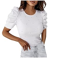 Women's Summer Tops Short Sleeve Blouse Pearl Decoration Shirt Top Casual Tshirts Blouses for Fashion 2023