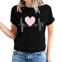 Valentines Day Casual Tops for Women Love Heart Print T-Shirt Short Sleeve Crewneck Blouses 2024 Lover Gift Tees