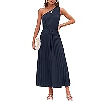 MEROKEETY Womens 2024 One Shoulder Sleeveless Pleated Tie Waist A Line Flowy Party Maxi Dress