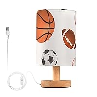 senya Sports Ball Print Bedside Table Lamp with USB Port Nightstand Lamp Night Light Linen Fabric Shade with Wood Base for Bedroom Living Room Desk Dorm Office Dorm