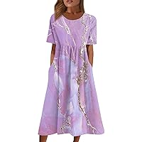 Summer Dresses for Women 2024 Short Sleeve Crew Neck Printed Midi Dress Casual Wedding Guest Dresses with Pockets