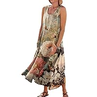 Summer Dresses for Women 2024 Beach Sleeless Plus Size Crewneck Relaxed Fit Floral Print Linen Dress for Women Summer