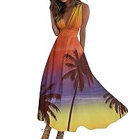 Plus Size Dresses for Curvy Women Pink 2024 Casual Summer Fashion Hawaiian Print V-Neck Sleeveless Waist Tie Dress