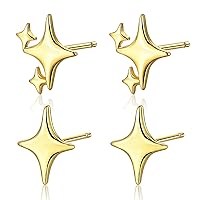 2 Pairs Gold Silver Stars Stud Earrings for Women Trendy 14K Gold Stud Earrings for Teen Girls Hypoallergenic Jewelry