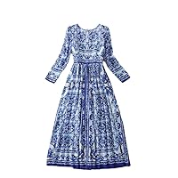 Classic Blue and White Porcelain Print Maxi Dress Women Long Sleeve Vintage Casual Chiffon Long Vestidos