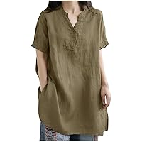 Women Long Shirts Causal Cotton Linen Tunic Tops Nocth V Neck Short Sleeve Fashion Blouse Baggy Loose Tee Tshirts