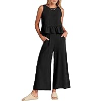 ANRABESS Women Summer 2 Piece Outfits Sleeveless Tank Crop Top Wide Leg Pants Linen Jumpsuits Lounge Matching Beach Sets