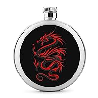 Red Black Dragon Round Hip Flask for Liquor Portable Stainless Steel Wine Flask with Lid 5OZ