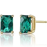 Peora 14K Yellow Gold Created Emerald Earrings for Women, Classic Solitaire Studs, 7x5mm Radiant Cut, 1.75 Carats total, Hypoallergenic, Friction Back