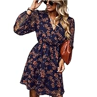 Elegant V-Neck Long Sleeve Mini Dress for Woman Floral Printing Casual Short Dress Autumn Beachwear