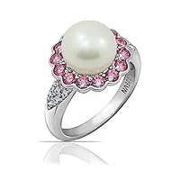 Amazon Collection Platinum Plated Sterling Silver Infinite Elements Cubic Zirconia Freshwater Cultured Flower Pearl Ring