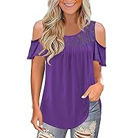 LEIYEE Womens Summer Cold Shoulder Tunic Tops Sexy Casual Short Sleeve Scoop Neck Lace Pleated T Shirts Blouse
